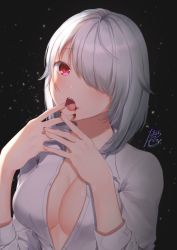 Rule 34 | 1girl, ahoge, blood, blood in mouth, blood on face, blood on hands, blush, breasts, buttons, cleavage, collared shirt, commentary request, dress shirt, fang, fingernails, grey hair, hair between eyes, hair over one eye, hands up, highres, long sleeves, looking at viewer, medium breasts, nagura shiro, naked shirt, no bra, open clothes, open shirt, original, red eyes, shirt, signature, solo, teeth, upper body, upper teeth only, vampire, white hair, white shirt