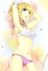 Rule 34 | 10s, 1girl, ahoge, armpits, arms behind head, arms up, ayase eli, bad id, bad pixiv id, bikini, blonde hair, blue eyes, breasts, gradient background, halterneck, hands in hair, long hair, love live!, love live! school idol festival, love live! school idol project, medium breasts, navel, open mouth, pochimeron, ponytail, solo, standing, swimsuit