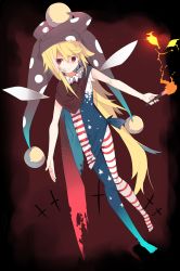 Rule 34 | 1girl, akimaki yuu, american flag dress, american flag legwear, bad id, bad twitter id, blonde hair, cape, clownpiece, dress, fairy wings, fire, full body, grin, hat, highres, jester cap, long hair, looking at viewer, neck ruff, pantyhose, polka dot, red eyes, short dress, short sleeves, simple background, smile, solo, star (symbol), striped clothes, striped pantyhose, teeth, torch, touhou, very long hair, wings