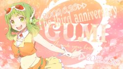 Rule 34 | 1girl, :d, ahoge, character name, dated, goggles, goggles on head, green eyes, green hair, gumi, hand on headphones, happy birthday, headphones, headset, highres, kana (okitasougo222), looking at viewer, matching hair/eyes, open mouth, short hair, skirt, smile, solo, vocaloid, wrist cuffs