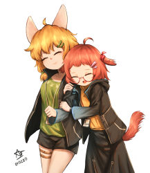 Rule 34 | 2girls, ahoge, animal ears, animal print, arknights, arm hug, azsesaliaz (chayanthorn), beagle (arknights), black jacket, black shorts, black skirt, bow, closed eyes, clothes writing, dated, foreshortening, glasses, gradient clothes, green bow, green shirt, hair bow, hair ornament, hairclip, highres, id card, jacket, kroos (arknights), multiple girls, open mouth, orange hair, rabbit print, red-framed eyewear, red hair, semi-rimless eyewear, shirt, short hair, shorts, simple background, skirt, smile, standing, tail, thigh strap, thighs, white background