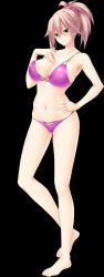 Rule 34 | 1girl, absurdres, atelier kaguya, barefoot, bikini, blush, breasts, choco chip, cleavage, female focus, full body, game cg, green eyes, hand on own hip, highres, kamiya aoba, large breasts, nee-chan no susume ~onee-chan no itazura seiseikatsu~, pink bikini, pink hair, simple background, solo, swimsuit, transparent background