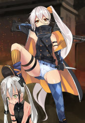 Rule 34 | 2girls, arm up, blood, blurry, blurry background, boots, breasts, bruise, bruise on face, carrying over shoulder, combat knife, commentary request, destroyer (girls&#039; frontline), femdom, fire, girls&#039; frontline, gloves, goggles, gun, injury, jacket, knife, long hair, looking at viewer, looking down, machine gun, multiple girls, panties, pantyshot, pkp (girls&#039; frontline), sangvis ferri, side ponytail, single thighhigh, sleeveless, small breasts, tanaka kazumu, tears, thighhighs, toy block, twintails, underwear, weapon, white panties, yellow eyes
