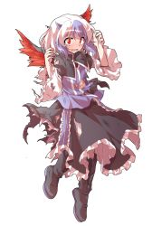 Rule 34 | 1girl, alphes (style), black footwear, black skirt, blue hair, boots, dairi, feathered wings, frilled skirt, frilled sleeves, frills, full body, hands up, head wings, horns, long sleeves, multicolored hair, open mouth, parody, red eyes, red wings, shirt, short hair, single head wing, skirt, solo, style parody, tachi-e, tears, tokiko (touhou), torn clothes, torn shirt, torn skirt, torn sleeves, touhou, transparent background, two-tone hair, white hair, wide sleeves, wings