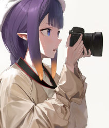 Rule 34 | 1girl, beret, blue eyes, camera, gradient hair, hat, highres, holding, holding camera, hololive, hololive english, jacket, multicolored hair, ninomae ina&#039;nis, open mouth, orange hair, pointy ears, purple hair, seistfu, shirt, solo, tentacle hair, upper body, virtual youtuber