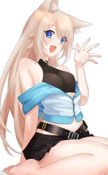 Rule 34 | 1girl, :d, animal ear fluff, animal ears, arm at side, bare legs, bare shoulders, barefoot, belt, black belt, black shirt, black skirt, blonde hair, blue eyes, breasts, crop top, eyelashes, fang, flipped hair, from side, hakuya virtual, hand up, highres, jacket, long hair, looking at viewer, looking to the side, medium breasts, miniskirt, navel, off shoulder, open mouth, original, partially unzipped, pleated skirt, shirt, sideways glance, simple background, sitting, skin fang, skirt, sleeveless, smile, solo, swept bangs, toes, waving, white background, white jacket, zipper