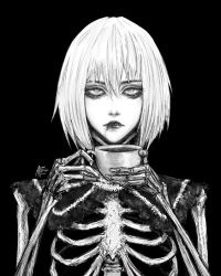 Rule 34 | 1girl, azure meraki, black background, closed mouth, commission, cup, greyscale, hair between eyes, holding, holding cup, looking at viewer, monochrome, original, simple background, skeletal body, skeleton, solo, teacup, upper body