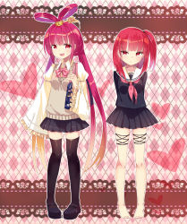 Rule 34 | 2girls, :d, argyle, argyle background, argyle clothes, arms behind back, bad id, bad pixiv id, bag, bare legs, barefoot, black legwear, contemporary, feet, frown, full body, hair ornament, heart, long hair, long sleeves, looking at viewer, magi the labyrinth of magic, mary janes, morgiana, multiple girls, mvv, open mouth, pleated skirt, red eyes, red hair, ren kougyoku, school uniform, serafuku, shoes, short hair, skirt, smile, standing, sweater vest, thighhighs, toes, zettai ryouiki