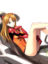 Rule 34 | 00s, 1girl, adapted costume, ass, bad id, bad pixiv id, between legs, bracer, breasts, closed mouth, cockpit, entry plug, evangelion: 2.0 you can (not) advance, expressionless, from side, gloves, hand between legs, hand on own chest, hand on own thigh, headgear, impossible clothes, impossible leotard, kneepits, leaning back, legs up, leotard, long hair, long legs, looking back, lying, medium breasts, neon genesis evangelion, on back, orange hair, parted bangs, pilot suit, plugsuit, rebuild of evangelion, reclining, ribs, see-through, simple background, skin tight, solo, souryuu asuka langley, takano masayuki, test plugsuit, thighhighs, thighs, turtleneck, white background
