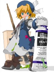 Rule 34 | 1girl, beret, blonde hair, blue hat, blue jacket, brown footwear, closed mouth, dress, english text, full body, giant brush, green eyes, grey dress, hair tubes, hat, jacket, looking at viewer, oversized object, paint on clothes, paint tube, pixiv, pixiv-tan, short hair, solo, soutasan, translation request, white background