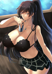 Rule 34 | 1girl, black hair, bra, breasts, brown eyes, can, cleavage, drink can, haganef, highres, huge breasts, idolmaster, idolmaster shiny colors, jewelry, long hair, looking at viewer, miniskirt, navel, necklace, parted lips, pleated skirt, ponytail, shirase sakuya, skirt, smile, soda can, solo, tagme, underwear