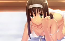 Rule 34 | 00s, 1girl, bare shoulders, blush, bra, breasts, brown hair, cleavage, downblouse, green eyes, hairband, highres, lingerie, mj, open mouth, small breasts, solo, third-party edit, tohno akiha, tsukihime, underwear, wallpaper