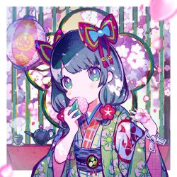 Rule 34 | 1girl, album cover, black hair, blue eyes, blunt bangs, border, bow, cherry blossoms, commentary, cover, cup, eating, english commentary, floral print, flower, food, green tea, hair bow, hair flower, hair ornament, hands up, highres, holding, holding food, japanese clothes, kiato, kimono, lantern, long hair, long sleeves, looking at viewer, obi, original, paper lantern, petals, print kimono, red bow, red flower, sakura mochi, sash, solo, tea, teapot, upper body, wagashi, white border, wide sleeves