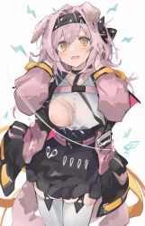 Rule 34 | 1girl, @ @, animal ears, arknights, black bow, black choker, black hairband, black skirt, blush, bow, breasts, cat ears, cat girl, cat tail, choker, coat, cowboy shot, electricity, floppy ears, garter straps, goldenglow (arknights), hair bow, hairband, hands in hair, hands up, high-waist skirt, highres, id card, lightning bolt print, long hair, looking at viewer, medium breasts, mikozin, nipples, one breast out, open clothes, open coat, open mouth, pink coat, pink hair, scissors, shirt, simple background, skirt, solo, tail, tearing up, thighhighs, torn clothes, torn shirt, white background, white shirt, white thighhighs, yellow eyes, zettai ryouiki