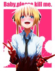 Rule 34 | 1girl, absurdres, black ribbon, blonde hair, blood, blood on clothes, blood on hands, blue eyes, blush, collared shirt, english text, hair between eyes, hair ribbon, highres, holding, holding knife, kill me baby, knife, long hair, looking at viewer, necktie, open mouth, ribbon, shirt, simple background, solo, sonya (kill me baby), teeth, twintails, upper body, upper teeth only, v, white shirt, yachima tana