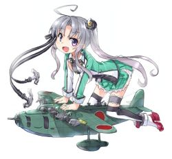 Rule 34 | 10s, 1girl, ahoge, aircraft, airplane, akitsushima (kancolle), anchor hair ornament, arm support, armpit cutout, bent over, black thighhighs, boots, clothing cutout, earrings, grey hair, hair intakes, hair ornament, hair ribbon, hat, hoshi umi, jewelry, kantai collection, long hair, long sleeves, looking at viewer, lowres, mini hat, miniskirt, nishikitaitei-chan, open mouth, polka dot, purple eyes, ribbon, side ponytail, simple background, skirt, solo, thigh strap, thighhighs, uniform, vehicle focus, white background, white thighhighs