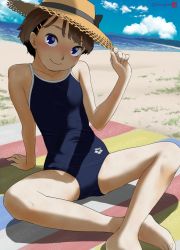 Rule 34 | 1girl, arena (company), beach, blue eyes, blue sky, brown hair, child, cloud, commentary request, competition school swimsuit, crossed legs, day, flat chest, hair ornament, hairclip, hat, head tilt, highres, logo, looking at viewer, mountainous horizon, mu-pyon, orange hat, original, outdoors, school swimsuit, shaded face, short hair, sitting, skin tight, sky, solo, spread legs, straw hat, sun hat, swimsuit, wide hips