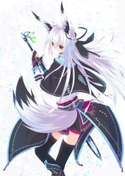 Rule 34 | 1girl, animal ears, ankle boots, ass, belt, black thighhighs, boots, buckle, capelet, closed mouth, fox ears, fox tail, from behind, highres, holding, holding sword, holding weapon, long sleeves, looking at viewer, looking back, nagishiro mito, original, shorts, simple background, solo, sword, tail, tareme, thighhighs, unsheathed, weapon, white background, white hair, yellow eyes