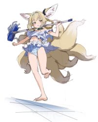 Rule 34 | 1girl, alternate costume, animal ears, arknights, barefoot, bikini, black collar, blonde hair, blue bikini, braid, collar, dutch angle, earpiece, extra ears, fox ears, fox girl, fox tail, highres, holding, holding mop, infection monitor (arknights), kitsune, kyuubi, looking at viewer, mop, multicolored hair, multiple tails, off-shoulder shirt, off shoulder, seicoh, shirt, short hair, simple background, sketch, solo, streaked hair, suzuran (arknights), swimsuit, symbol-only commentary, tail, white background, yellow eyes