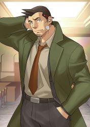 Rule 34 | 1boy, absurdres, ace attorney, arm behind head, bandaid, bandaid on face, bara, black hair, brown hair, coat, cowboy shot, dick gumshoe, facial hair, formal, green coat, grey pants, hand in pocket, highres, kienbiu, looking at viewer, male focus, muscular, open clothes, open coat, paid reward available, pants, red neckwear, short hair, sideburns, solo, stubble