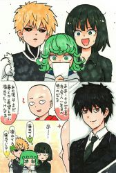 Rule 34 | 2boys, 2girls, :d, bald, black sclera, blonde hair, brown eyes, colored sclera, comic, cyborg, earrings, fubuki (one-punch man), genos, green eyes, green hair, highres, jewelry, marker (medium), mehonobu g, multiple boys, multiple girls, necktie, one-punch man, open mouth, partially translated, photo (object), red eyes, saitama (one-punch man), short hair, smile, surprised, sweatdrop, tatsumaki, text focus, traditional media, translation request, upper body