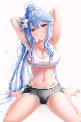 Rule 34 | 1girl, :o, absurdres, ahoge, armpits, arms behind head, arms up, bare shoulders, barefoot, black shorts, blue hair, breasts, cleavage, collarbone, colored tips, commentary, elf, flower, full body, groin, hair between eyes, hair flower, hair ornament, head tilt, heart, heart ahoge, highres, hololive, large breasts, long hair, looking at viewer, midriff, multicolored hair, navel, parted lips, pointy ears, ponytail, shadow, shira jun, short shorts, shorts, sidelocks, simple background, sitting, solo, sports bra, stomach, streaked hair, thighs, tying hair, very long hair, virtual youtuber, wariza, white background, white sports bra, yellow eyes, yukihana lamy