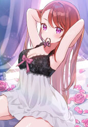 Rule 34 | 1girl, armpits, arms behind head, arms up, asymmetrical bangs, bare arms, bed, blurry, blurry background, blush, bow, breasts, brown hair, cleavage, closed mouth, collarbone, cowboy shot, curtains, dress, dress bow, flower, frilled dress, frills, from side, hair lift, hair tie in mouth, hands in hair, highres, hijiri ageha, lace trim, lens flare, long hair, looking at viewer, medium breasts, mouth hold, on bed, petals, pink bow, pink eyes, pink flower, precure, rose, short dress, shuu (mniarnoakou), sitting, smile, solo, sparkle, straight hair, swept bangs