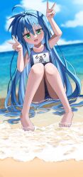 Rule 34 | 1girl, absurdres, ahoge, arms up, barefoot, beach, blue hair, blue one-piece swimsuit, cloud, collarbone, day, dot nose, double v, feet, female focus, full body, green eyes, highres, izumi konata, legs, long hair, looking at viewer, lucky star, mole, mole under eye, name tag, no shoes, no socks, one-piece swimsuit, open mouth, outdoors, sand, school swimsuit, sitting, sky, solo, swimsuit, v, very long hair, water, yaki tai