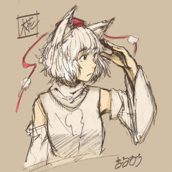 Rule 34 | 1girl, animal ears, detached sleeves, hat, inubashiri momiji, looking to the side, maruhachi (maruhachi record), red eyes, shading eyes, short hair, sketch, solo, tokin hat, touhou, white hair, wolf ears