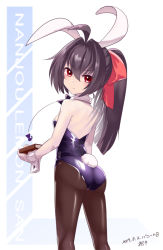 Rule 34 | 1girl, alternate hairstyle, animal ears, araki (qbthgry), artist name, black bow, black bowtie, black hair, black leotard, black pantyhose, book, bow, bowtie, brown pantyhose, character name, commentary request, cowboy shot, dated, detached collar, fake animal ears, from above, hair ribbon, high heels, leotard, looking at viewer, looking back, nanjou remon, pantyhose, playboy bunny, ponytail, rabbit ears, rabbit tail, red bow, red eyes, red footwear, red ribbon, ribbon, ring dream, sitting, solo, standing, tail, translation request, two-tone background, wariza, white background, wrist cuffs