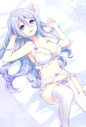 Rule 34 | 1girl, :d, bare arms, bare shoulders, blue eyes, blue hair, bow, bow panties, bra, breasts, character request, cleavage, collarbone, commentary request, dutch angle, feet out of frame, fingernails, garter belt, gucchiann, hair between eyes, hair ribbon, hands up, highres, long hair, looking at viewer, lying, medium breasts, on back, open mouth, panties, princess connect!, purple ribbon, ribbon, shizuru (princess connect!), smile, solo, thighhighs, underwear, underwear only, very long hair, white bra, white panties, white ribbon, white thighhighs