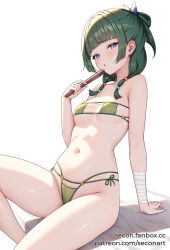 Rule 34 | 1girl, arm support, artist name, bandages, bikini, blue eyes, blunt bangs, blush, breasts, commentary, commission, english commentary, eyepatch bikini, fanbox username, folding fan, green bikini, green hair, hand fan, highres, holding, holding fan, kusuriya no hitorigoto, long hair, looking at viewer, maomao (kusuriya no hitorigoto), multi-strapped bikini bottom, navel, paid reward available, parted lips, patreon username, secon, side-tie bikini bottom, simple background, sitting, small breasts, solo, stomach, string bikini, swimsuit, thighs, watermark, web address, white background, wrist wrap