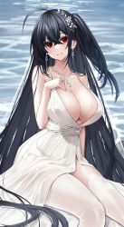Rule 34 | 1girl, ahoge, azur lane, bare arms, bare shoulders, black hair, breasts, cleavage, dress, earrings, hair between eyes, hand on own chest, highres, jewelry, large breasts, long hair, looking at viewer, one side up, red eyes, sitting, smile, solo, taihou (azur lane), taihou (temptation on the sea breeze) (azur lane), thighhighs, very long hair, water, white dress, white thighhighs, yorugami rei