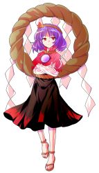 Rule 34 | 1girl, alphes (style), anklet, crossed arms, dairi, full body, hair ornament, highres, jewelry, layered sleeves, long sleeves, looking at viewer, mirror, parody, purple hair, red eyes, rope, sandals, shimenawa, shirt, short over long sleeves, short sleeves, skirt, smile, solo, style parody, touhou, transparent background, yasaka kanako