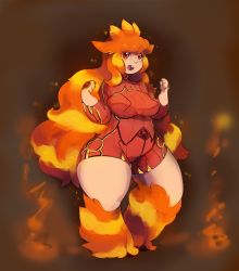 Rule 34 | 10s, 1girl, bad id, bad tumblr id, breasts, camerupt, creatures (company), female focus, flaming hair, full body, game freak, gen 3 pokemon, large breasts, long hair, maxie, mega pokemon, nintendo, orange hair, personification, plump, pokemon, pokemon oras, red eyes, solo, thick thighs, thighs, unitard, very long hair, wide hips