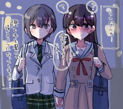 2girls bag bang_dream! bang_dream!_it&#039;s_mygo!!!!! blue_eyes blush brown_dress brown_eyes brown_hair closed_mouth collared_shirt commentary_request dress green_necktie green_skirt grey_hair grey_jacket haneoka_school_uniform highres holding_hands interlocked_fingers jacket long_hair long_sleeves looking_at_viewer multiple_girls necktie night outdoors plaid_clothes plaid_skirt pleated_skirt sailor_collar sailor_dress satoshi_(peso727) school_bag school_uniform shiina_taki shirt short_hair skirt speech_bubble sweat takamatsu_tomori translation_request white_sailor_collar white_shirt yuri