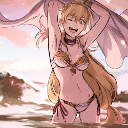 Rule 34 | 1girl, ;d, absurdres, adapted costume, armpits, arms up, bikini, blonde hair, braid, breasts, cleavage, cloud, cloudy sky, fire emblem, fire emblem heroes, green eyes, highres, katy ho, long hair, looking at viewer, medium breasts, navel, nintendo, ocean, one eye closed, open mouth, petals, sharena (fire emblem), sharena (summer) (fire emblem), side-tie bikini bottom, sky, smile, solo, swimsuit, wading