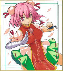 Rule 34 | 1girl, bandages, bandaged arm, breasts, bun cover, chinese clothes, clenched hand, double bun, fighting stance, hair bun, ibaraki kasen, large breasts, marker (medium), petals, pink eyes, pink hair, shikishi, short hair, skirt, solo, tabard, touhou, traditional media, yagami (mukage)