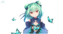 Rule 34 | 1girl, :o, absurdres, artist name, bare shoulders, black bow, blue dress, blush, bow, bug, butterfly, butterfly on hand, commentary request, detached sleeves, double bun, dress, green butterfly, green hair, hair bun, hair ornament, highres, holding, hololive, insect, kana616, long sleeves, looking at viewer, medium hair, open mouth, own hands together, red eyes, simple background, skull hair ornament, skull ornament, smile, solo, upper body, uruha rushia, uruha rushia (1st costume), virtual youtuber, white background