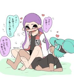 Rule 34 | 2boys, censored, dark skin, domino mask, flat color, inkling player character, long hair, male focus, mask, multiple boys, nintendo, pointy ears, ponytail, splatoon (series), tentacle hair, tentacle sex, tentacles, white background, yaoi