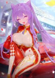 Rule 34 | 1girl, absurdres, alternate costume, artist request, ass, blush, breasts, car, cars (movie), crossover, disney, female pervert, genshin impact, helmet grab, highres, keqing (genshin impact), large breasts, lightning mcqueen, long hair, motor vehicle, covered erect nipples, open mouth, pervert, pink eyes, pixar, purple hair, race queen, sitting, smile, sunlight, thighhighs, tongue, tongue out