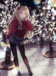Rule 34 | 1girl, absurdres, alternate costume, black headwear, black pantyhose, blonde hair, bow, casual, christmas lights, coat, commentary request, duffel coat, ereshkigal (fate), fate/grand order, fate (series), hair bow, highres, huge filesize, long hair, long sleeves, looking at viewer, miniskirt, night, outdoors, pantyhose, parted bangs, parted lips, red bow, red coat, red eyes, scarf, skirt, smile, solo, teeth, tiara, tree, two side up, yua (bokubo0806)