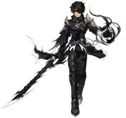 Rule 34 | 1boy, armor, artist request, belt, black coat, black footwear, black gloves, black hair, black pants, black theme, buckle, closed mouth, coat, elsword, energy, eyepatch, gloves, greaves, highres, holding, holding sword, holding weapon, legs together, looking at viewer, male focus, mutant reaper (elsword), official art, pants, raven cronwell, scar, scar on face, serious, solo, standing, straight-on, sword, tachi-e, transparent background, weapon, yellow eyes