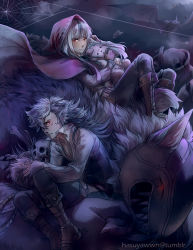 Rule 34 | 1boy, 1girl, animal ears, bat (animal), black hair, boots, cape, father and daughter, fire emblem, fire emblem fates, gloves, hasuyawn, hood, hoodie, keaton (fire emblem), long hair, multicolored hair, nintendo, red eyes, scar, skull, stuffed animal, stuffed toy, tail, teddy bear, two-tone hair, velouria (fire emblem), white hair, wolf ears, wolf tail