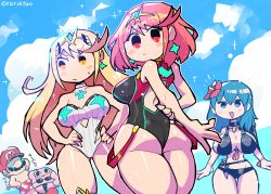 3girls, ass, big nose, bikini, black bikini, blonde hair, blue hair, blue sky, breasts, byleth (fire emblem), byleth (fire emblem) (female), cleavage, competition swimsuit, dual persona, facial hair, fire emblem, fire emblem: three houses, fire emblem heroes, flower, glowing, glowing eyes, hair flower, hair ornament, highres, kirby, kirby (series), large breasts, looking at viewer, mario, mario (series), multiple girls, mustache, mythra (xenoblade), nintendo, one-piece swimsuit, pyra (xenoblade), rariatto (ganguri), red hair, sky, super mario bros., super smash bros., swimsuit, tiara, xenoblade chronicles (series), xenoblade chronicles 2m