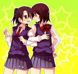 Rule 34 | 2girls, brown eyes, brown hair, closed mouth, hachiko (hati12), hair between eyes, hand on own hip, locked arms, long sleeves, looking at another, multiple girls, open mouth, pink shirt, pleated, pleated skirt, purple skirt, red neckwear, school uniform, shirt, short hair, skirt, yellow background, yuri