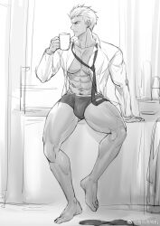 Rule 34 | 1boy, abs, archer (fate), bara, bulge, chachi (soulga), cup, fate/stay night, fate (series), full body, greyscale, holding, holding cup, large pectorals, looking to the side, loose necktie, male focus, monochrome, mug, muscular, muscular male, navel, navel hair, necktie, no pants, open clothes, open shirt, pectorals, short hair, solo, spread legs, thick thighs, thighs, white hair