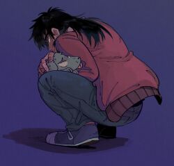 Rule 34 | 1boy, absurdres, black hair, brown jacket, closed mouth, commentary request, dog, facial scar, fingernails, full body, grey footwear, grey pants, highres, inudori, itou kaiji, jacket, kaiji, long hair, long sleeves, male focus, pants, petting, purple background, scar, scar on cheek, scar on face, shoes, sneakers, solo, squatting