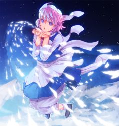 Rule 34 | 1girl, bad id, bad pixiv id, blowing, blush, female focus, hat, highres, letty whiterock, light purple hair, night, night sky, nosuku, open hands, purple eyes, scarf, short hair, sky, snow, solo, star (sky), touhou, white scarf