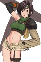 Rule 34 | 1girl, arm up, armor, blush, breasts, brown eyes, brown hair, crop top, final fantasy, final fantasy vii, fishnets, gloves, looking at viewer, medium breasts, midriff, nanja, short shorts, short sleeves, shorts, simple background, single thighhigh, sleeveless, sleeveless turtleneck, solo, stomach, thighhighs, turtleneck, unfinished, white background, yuffie kisaragi